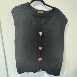 Vintage Rico Hand Knit Sweater Women's Black Vest 100% Wood Geometric Buttons L